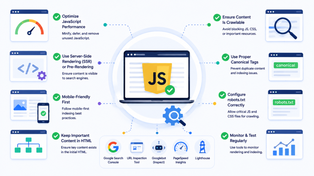 Modern infographic illustrating JavaScript SEO best practices, featuring optimization techniques such as server-side rendering, crawlable content, canonical tags, robots.txt configuration, mobile-friendly design, and performance monitoring for better search engine visibility.