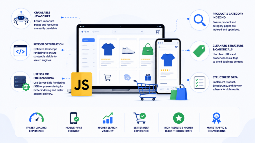 Modern infographic illustrating JavaScript SEO for eCommerce websites, featuring online store interfaces with optimization concepts such as crawlable JavaScript, server-side rendering, structured data, canonical URLs, product indexing, mobile-friendly design, and improved search visibility.