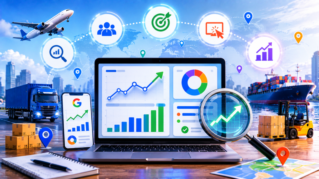 Modern infographic illustrating key signs that SEO is working, featuring growth charts, increasing organic traffic, higher search rankings, improved conversions, logistics and transportation visuals, analytics dashboards, and digital marketing success indicators.