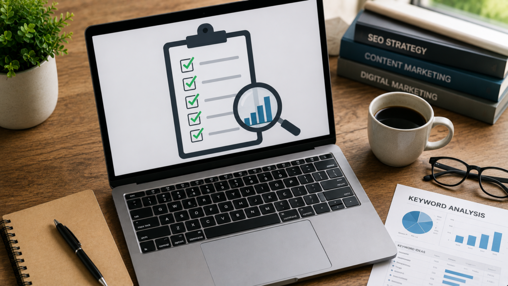 Realistic digital marketing workspace featuring a keyword research checklist displayed on a laptop screen, alongside keyword analysis reports, SEO strategy materials, a notebook, and coffee. The image represents a structured approach to keyword research, content planning, search optimization, and performance tracking.