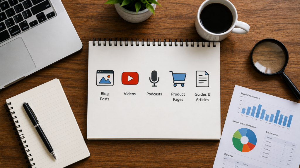 Realistic overhead workspace illustrating keyword research for different content types, featuring a content planning notebook with icons representing blog posts, videos, podcasts, product pages, and guides. The desk includes SEO analytics reports, a laptop, a magnifying glass, and productivity tools, highlighting how keyword strategies vary across content formats.