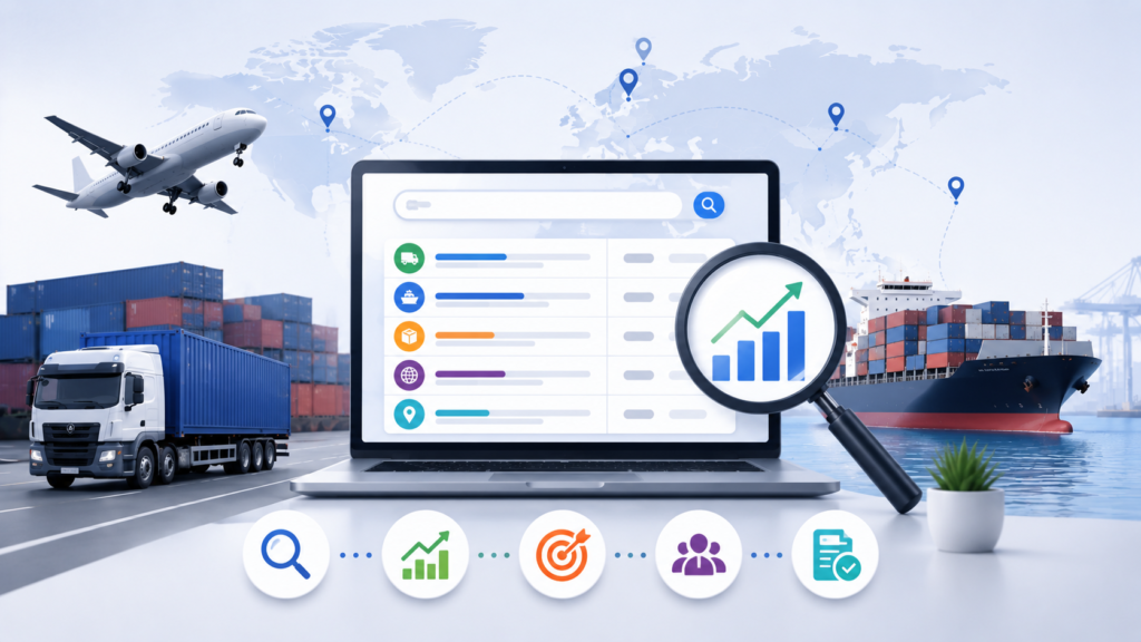 Modern infographic illustrating keyword research for logistics companies, featuring search analytics, transportation vehicles, cargo shipping, global logistics routes, SEO keyword tracking, and digital marketing concepts for improving online visibility and lead generation.