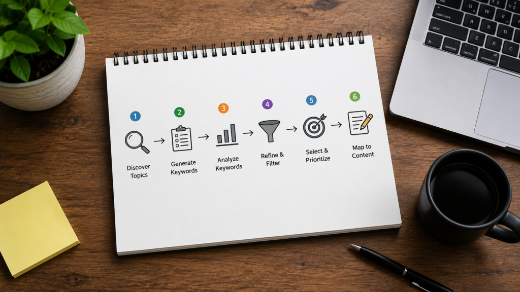 Realistic digital marketing workspace illustrating the keyword research process step by step, featuring a laptop with search analysis tools, keyword discovery workflows, SEO planning documents, analytics reports, audience research insights, and content strategy elements in a professional office environment.
