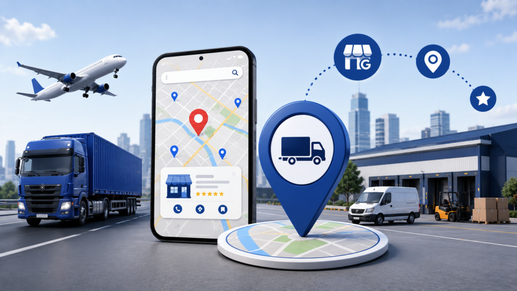 Modern infographic illustrating local SEO for logistics and transportation companies, featuring map pins, delivery trucks, warehouses, shipping routes, Google Maps-style location markers, and search engine optimization elements for improving local search visibility and customer reach.