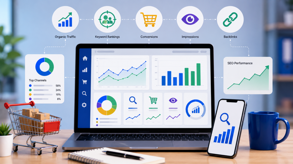Modern ecommerce analytics infographic illustrating SEO performance measurement, featuring website traffic charts, keyword rankings, conversion tracking, sales growth metrics, shopping cart analytics, customer engagement data, and digital marketing dashboards for online stores.