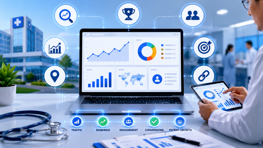 Modern healthcare analytics infographic illustrating hospital SEO performance measurement, featuring website traffic charts, keyword rankings, patient engagement metrics, conversion tracking, local SEO indicators, and digital healthcare reporting dashboards in a clinical environment