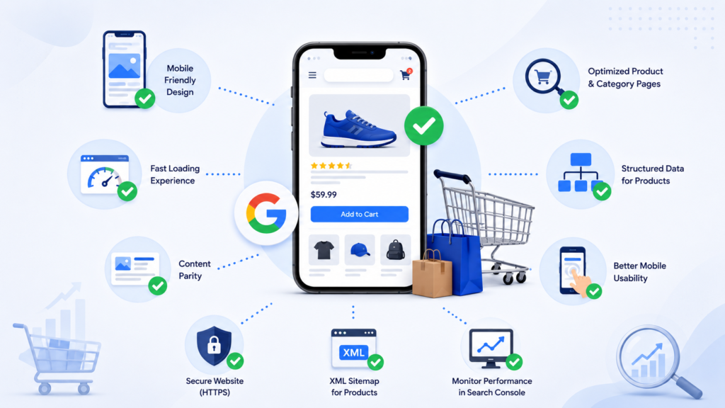Modern infographic illustrating mobile-first indexing for eCommerce websites, featuring a mobile shopping interface with SEO optimization elements such as fast loading speed, mobile-friendly design, structured data, secure HTTPS setup, XML sitemaps, and improved mobile usability.