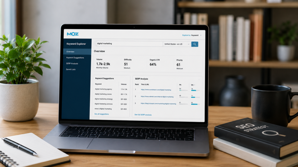 Realistic professional workspace featuring a laptop displaying the Moz Keyword Explorer free version dashboard, showing keyword suggestions, search volume metrics, SEO difficulty scores, SERP analysis data, and keyword research insights in a clean office environment with natural lighting.