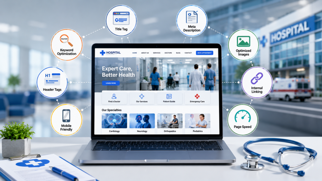 Modern infographic illustrating on-page SEO for hospital websites, featuring healthcare web pages, title tags, meta descriptions, optimized images, internal linking, mobile-friendly design, page speed optimization, and medical website SEO best practices.