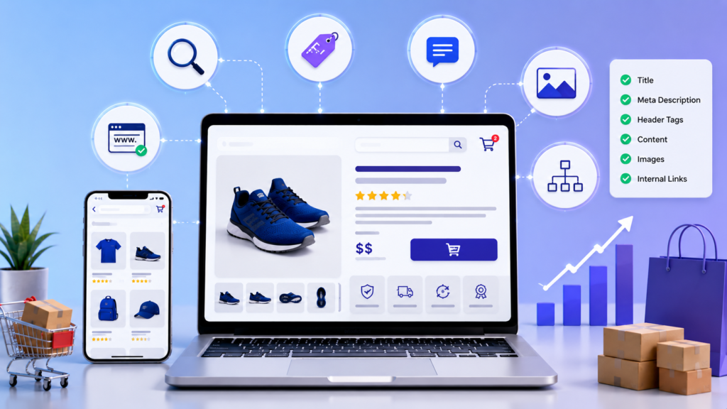 Modern ecommerce SEO infographic illustrating on-page SEO for product and category pages, featuring optimized product listings, meta tags, internal linking, product images, mobile shopping, category structure, and analytics dashboards for online store optimization.