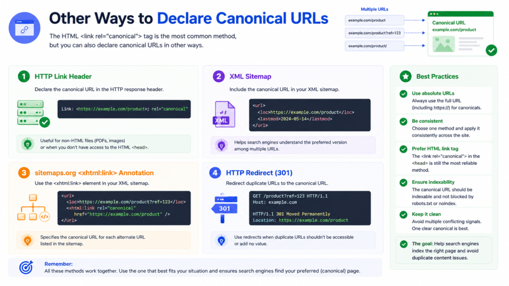 Infographic explaining alternative ways to declare canonical URLs for SEO, including HTTP link headers, XML sitemaps, XHTML link annotations, and 301 redirects, along with canonical URL best practices.