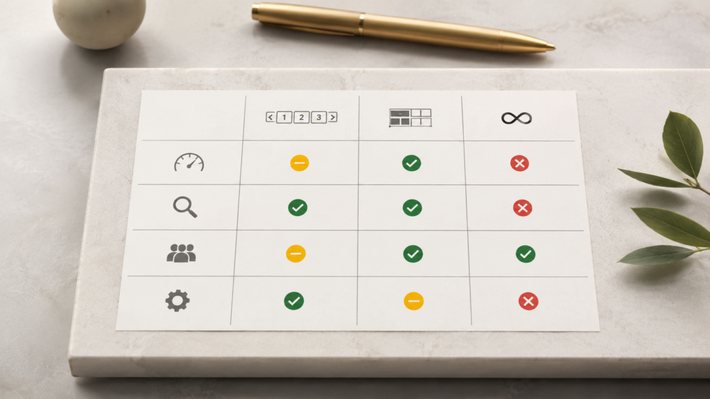 Comparison table of pagination, view-all pages, and infinite scroll for SEO.