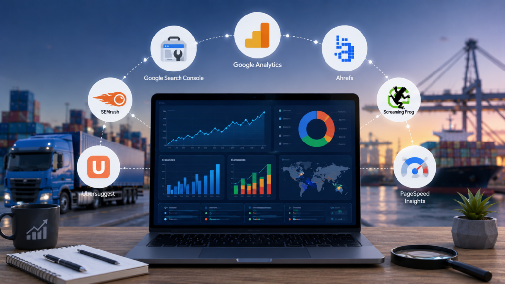 Modern infographic showcasing SEO tools used to track website performance, featuring analytics dashboards, ranking charts, keyword tracking, Google Analytics, Search Console, Ahrefs, SEMrush, and PageSpeed Insights within a logistics and digital marketing environment.