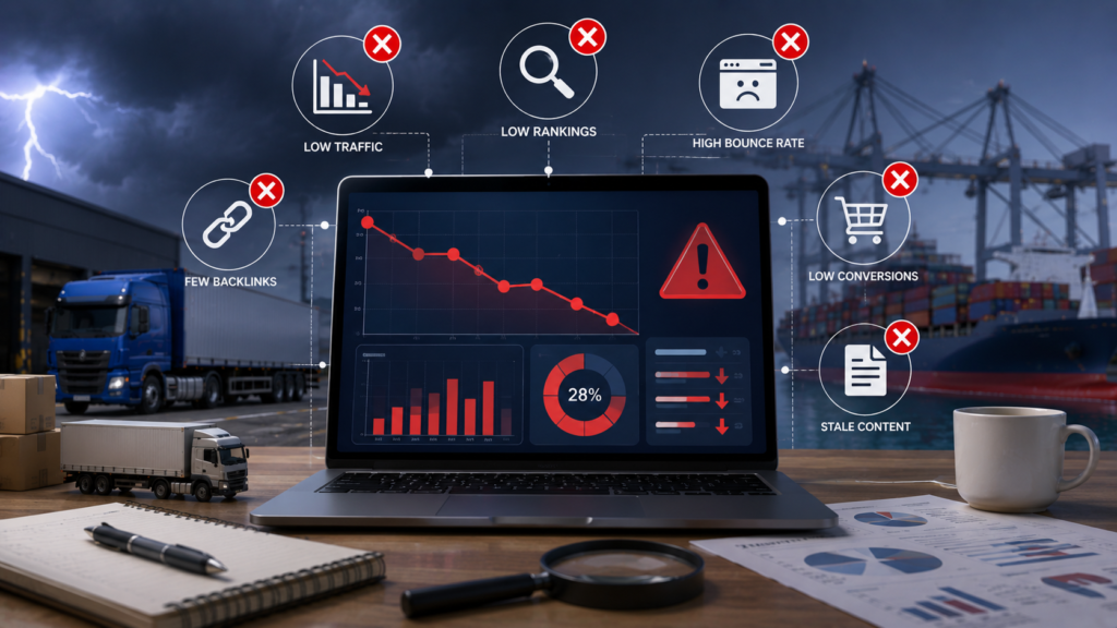 Dark-themed infographic illustrating signs that SEO is not working, featuring declining traffic charts, low search rankings, high bounce rates, poor conversions, weak backlink signals, stale content warnings, and negative SEO performance indicators in a logistics business setting.