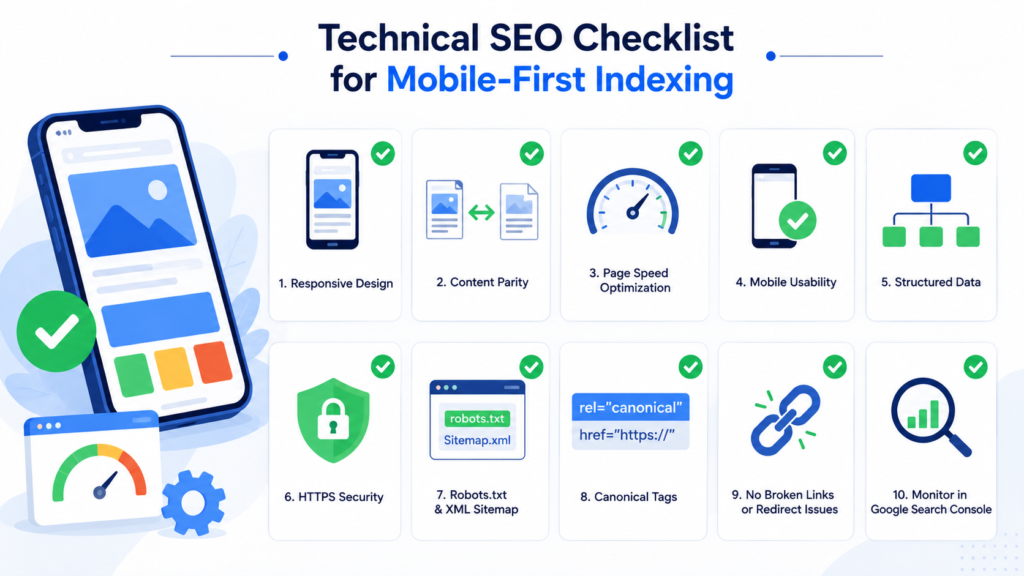 Infographic showing a technical SEO checklist for mobile-first indexing, featuring mobile optimization tasks such as responsive design, content parity, page speed optimization, structured data, canonical tags, HTTPS security, XML sitemaps, and Google Search Console monitoring.