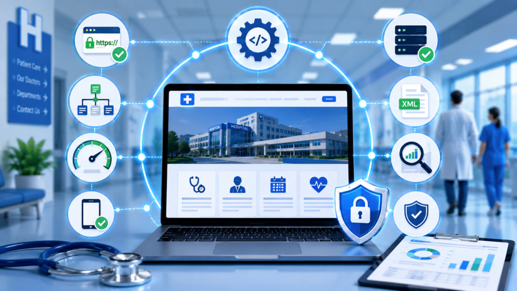 Modern infographic illustrating technical SEO foundations for healthcare websites, featuring secure HTTPS connections, XML sitemaps, mobile responsiveness, page speed optimization, structured site architecture, analytics monitoring, and cybersecurity elements within a hospital digital environment.