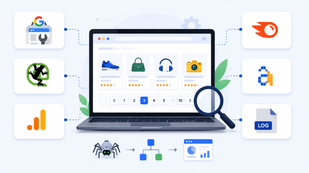 Modern infographic illustrating SEO tools used to check pagination, featuring a laptop with paginated product pages, crawling and analytics icons, audit tools, log analysis, and search engine optimization workflows.