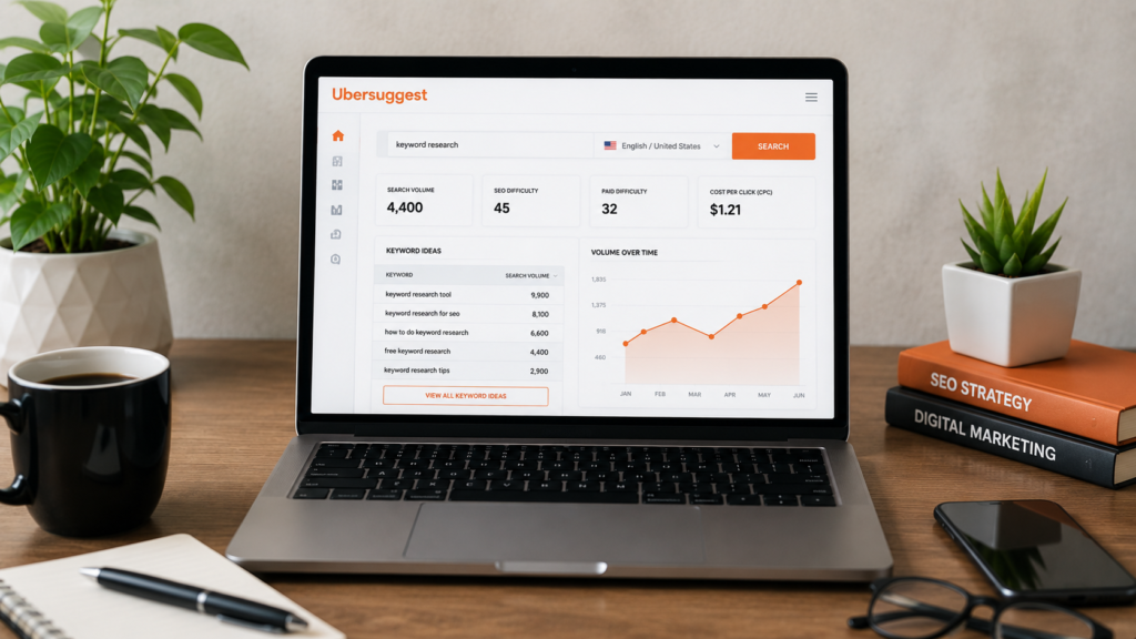 Realistic workspace featuring a laptop displaying the Ubersuggest free version dashboard for keyword research, with search volume metrics, keyword ideas, SEO difficulty scores, trend analysis charts, and digital marketing resources on a professional desk setup.