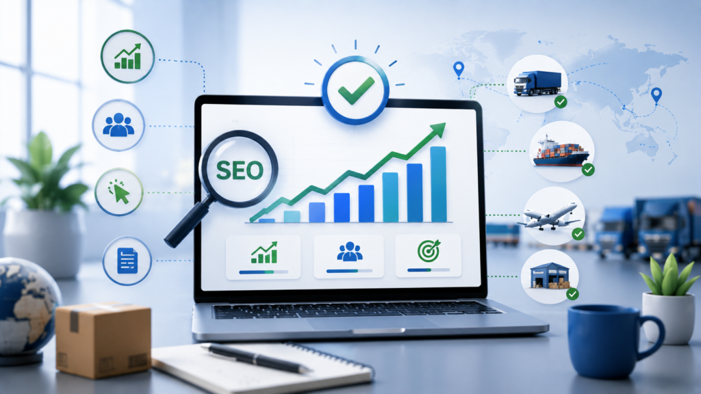Modern infographic illustrating how SEO success is measured, featuring analytics dashboards, upward growth charts, search engine optimization metrics, increased website traffic, lead generation, and business performance indicators across logistics and digital marketing channels.