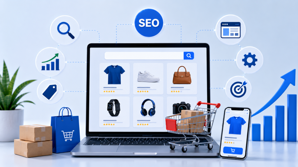 Modern infographic illustrating ecommerce SEO concepts, featuring an online shopping website, product listings, shopping cart, mobile commerce, SEO analytics, search optimization icons, and digital marketing elements for improving online store visibility and sales.