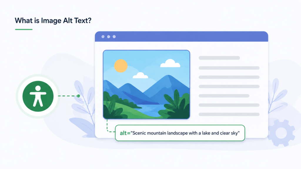 Modern infographic explaining image alt text, featuring a website interface with an image description example, accessibility icon, and visual representation of how alt attributes help screen readers and improve SEO accessibility.