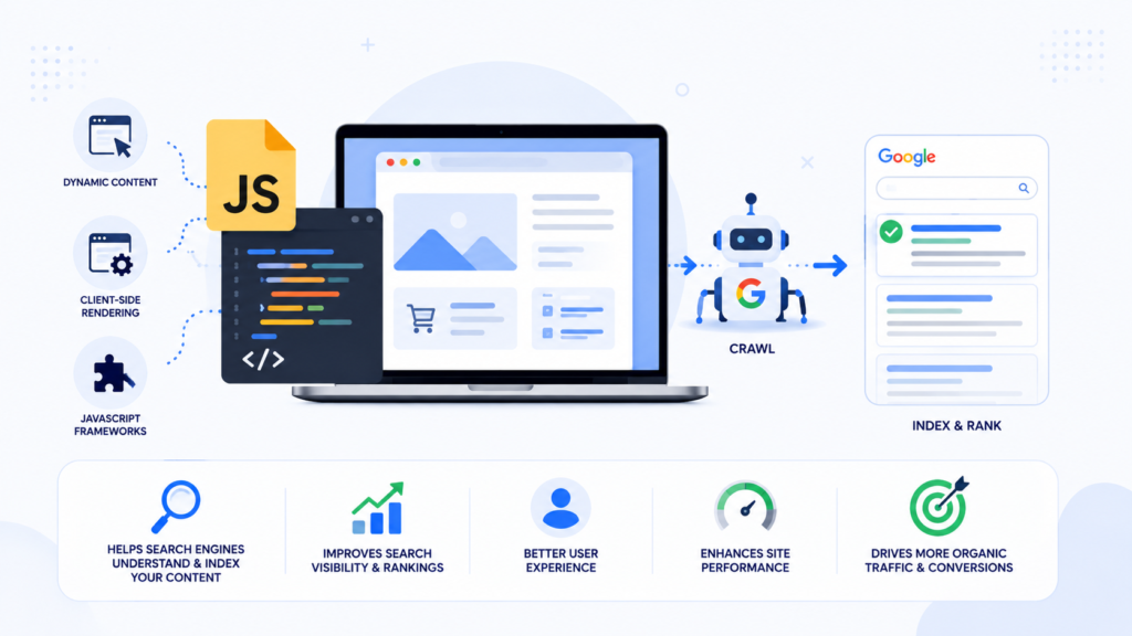 Modern infographic explaining JavaScript SEO, featuring JavaScript rendering, search engine crawling, indexing, and ranking processes with visuals of code, websites, and Googlebot to illustrate how JavaScript content affects SEO performance