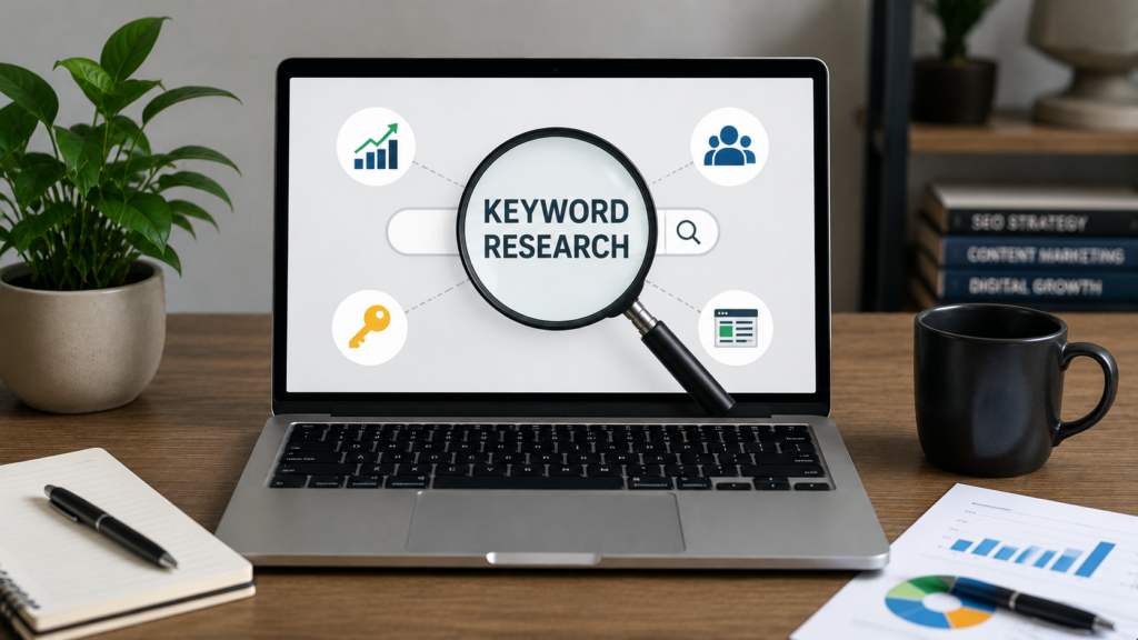 Realistic SEO workspace featuring a laptop displaying keyword research concepts, with a magnifying glass highlighting search terms, analytics charts, audience insights, and content planning elements. The image represents the process of discovering valuable keywords to improve search engine visibility and digital marketing performance.