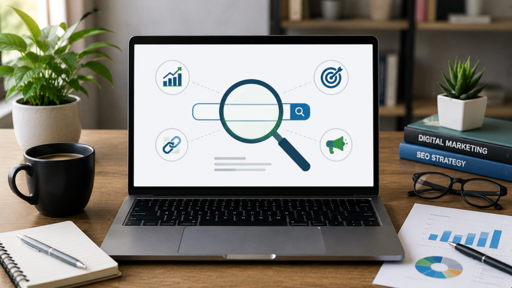 Realistic digital marketing workspace featuring a laptop displaying keyword research concepts, search analysis, SEO performance metrics, audience targeting, and content strategy elements. The professional office setting includes analytics reports, marketing books, and productivity tools, representing keyword research in digital marketing.