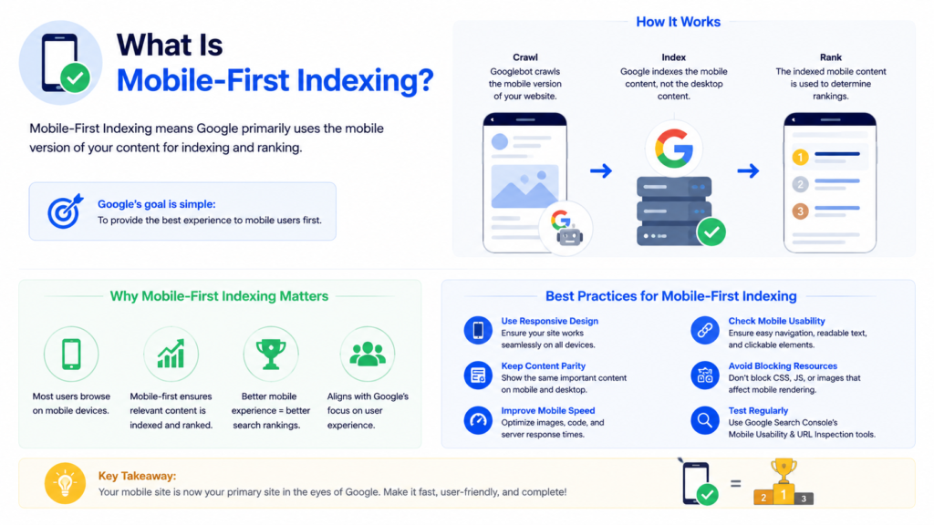Infographic explaining mobile-first indexing, showing how Google crawls, indexes, and ranks the mobile version of websites first, along with best practices for responsive design, mobile usability, speed optimization, and SEO performance.