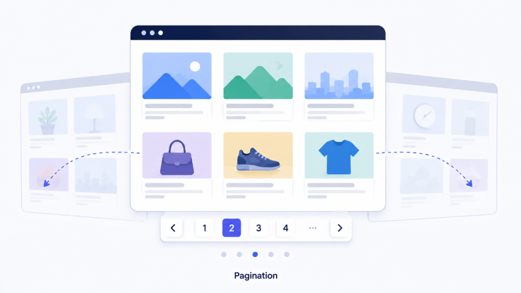 Minimalist illustration explaining pagination in web design, featuring a product listing interface with multiple pages, navigation arrows, and numbered pagination controls to show how content is split across pages.