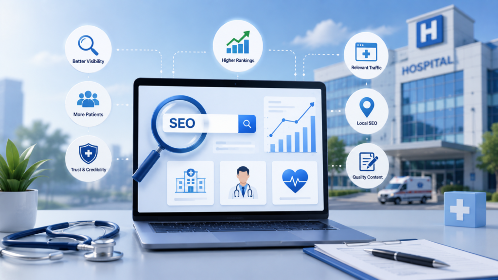 Modern healthcare SEO infographic illustrating search engine optimization for hospitals, featuring a hospital website dashboard, doctors, medical icons, search visibility concepts, patient acquisition metrics, local SEO elements, and digital healthcare marketing visuals.