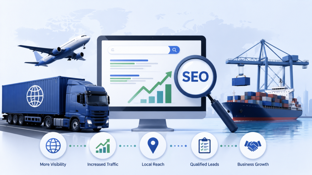 Modern infographic explaining SEO for logistics, featuring transportation and shipping elements such as trucks, cargo ships, airplanes, and search engine optimization visuals to illustrate online visibility, traffic growth, lead generation, and digital marketing for logistics companies.