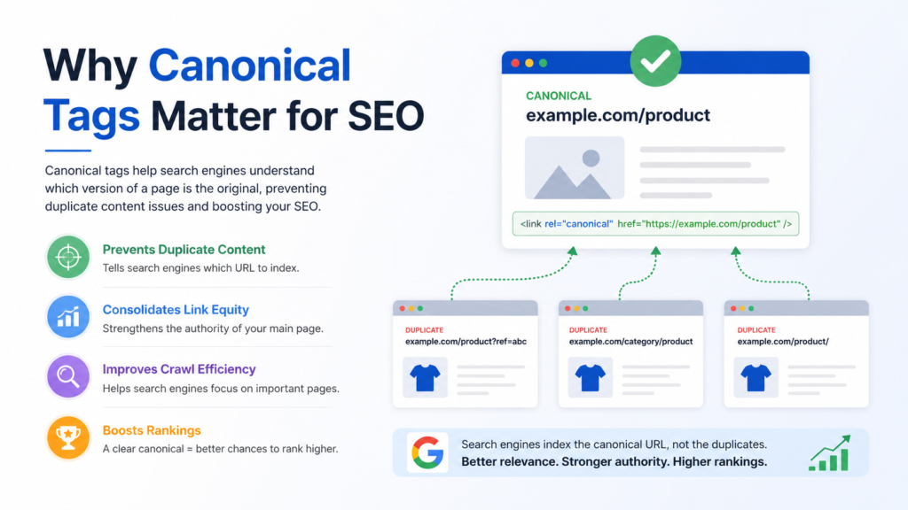 Infographic explaining why canonical tags matter for SEO, showing how canonical URLs prevent duplicate content, consolidate link equity, improve crawl efficiency, and boost search rankings through proper URL indexing.