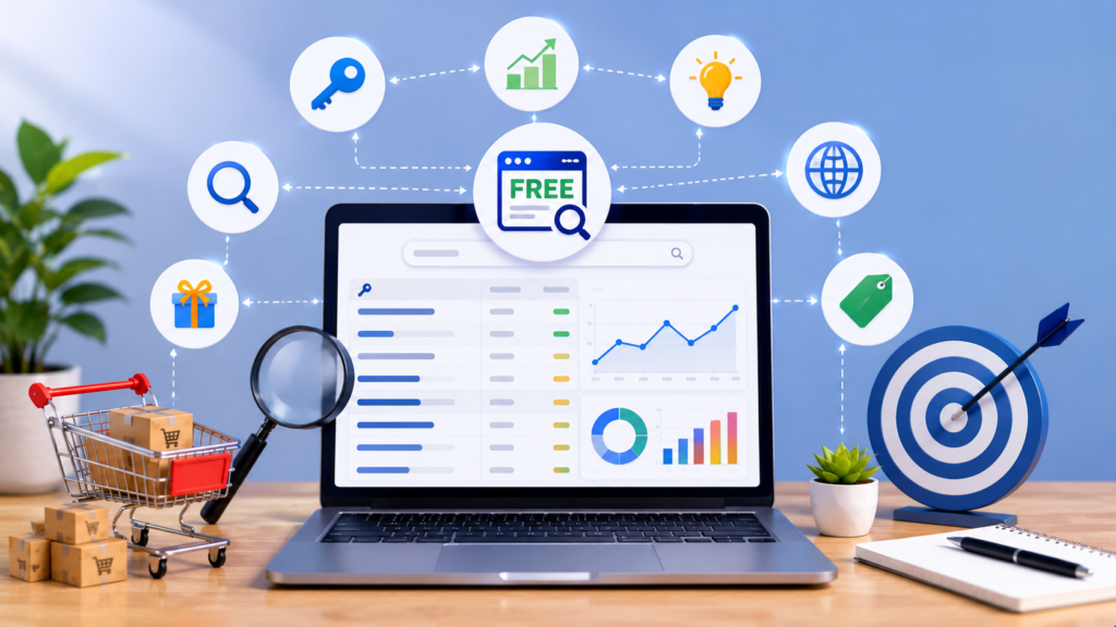 Modern SEO infographic illustrating the importance of free keyword research tools, featuring keyword analytics dashboards, search trends, ranking opportunities, target audience insights, SEO growth charts, and digital marketing elements for content and website optimization.