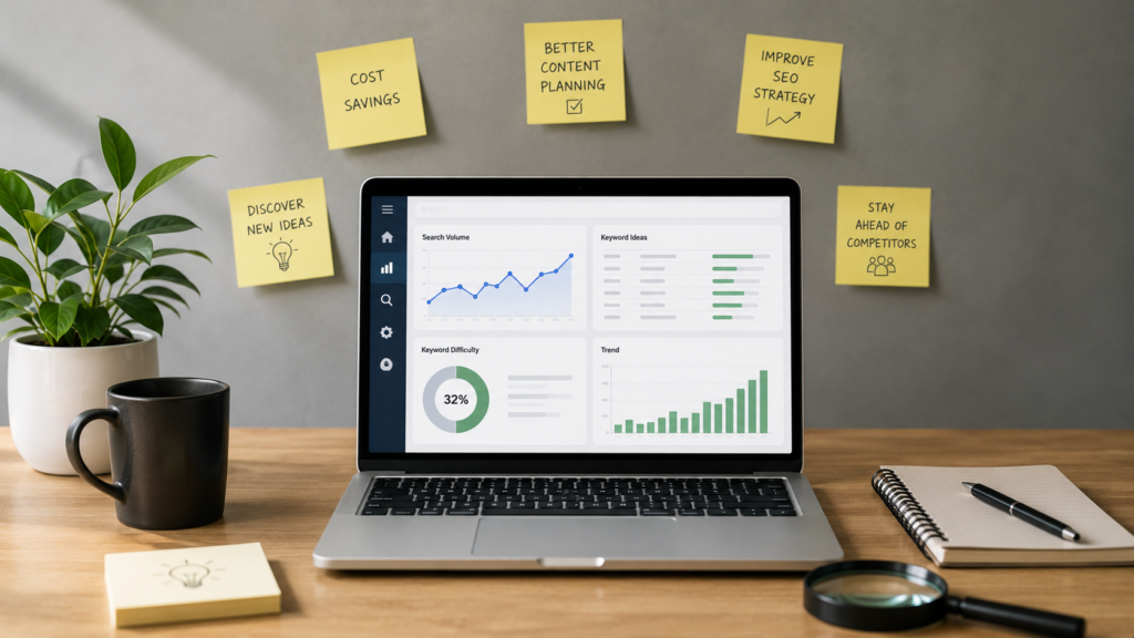 Realistic professional workspace showing keyword research and SEO analysis on a laptop dashboard, surrounded by planning notes, growth insights, and content strategy ideas. The image highlights how free keyword research tools help marketers discover opportunities, improve SEO performance, reduce costs, and stay ahead of competitors.