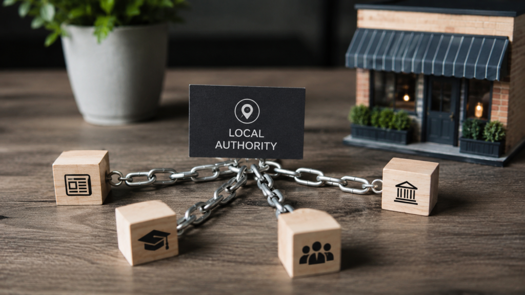 Realistic SEO concept showing a local business connected through strong backlink relationships to trusted community organizations, educational institutions, local media outlets, and business networks. Metal chain links symbolize authority and trust flowing toward the central business, with a professional office and storefront environment in the background. Natural lighting, authentic photography style, shallow depth of field, minimal on-image text, and a clean 16:9 composition emphasizing local authority growth and search visibility.