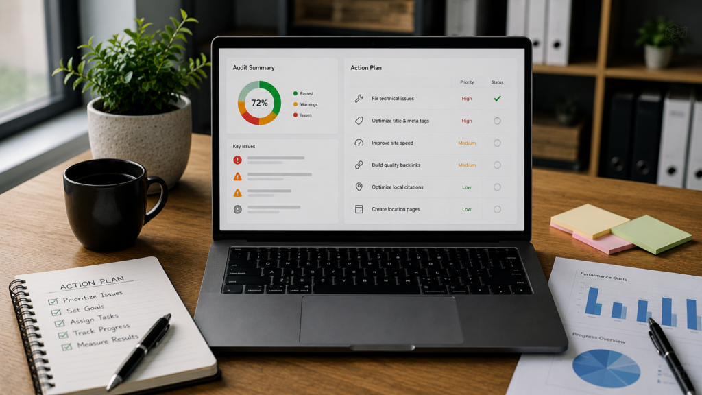 Realistic business strategy workspace showing a professional developing a post-audit implementation plan based on SEO findings. A laptop displays prioritized tasks, performance goals, timelines, and progress tracking dashboards, while notebooks, project plans, and action checklists are organized across a modern desk. Natural lighting, authentic corporate photography style, minimal text, and a clean 16:9 composition focused on turning audit recommendations into a structured improvement roadmap and measurable business results.