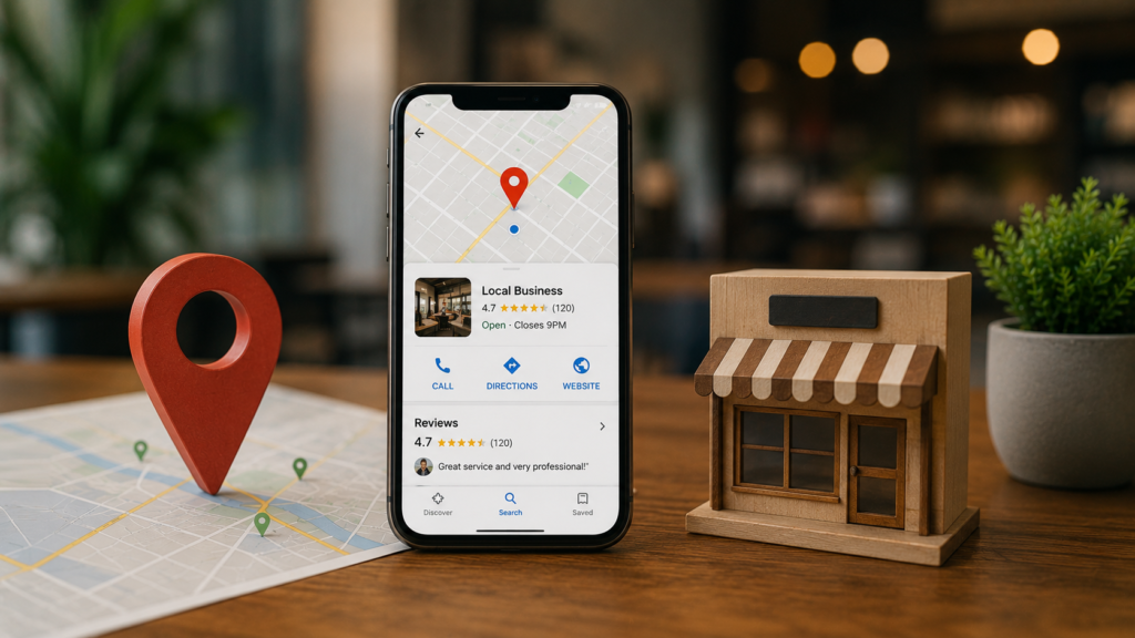 Simple visual representation of local SEO showing a smartphone displaying nearby business listings, map search results, customer reviews, directions, and contact options next to a small storefront model. Realistic business setting illustrating how local SEO helps customers find nearby businesses through local search and map results.