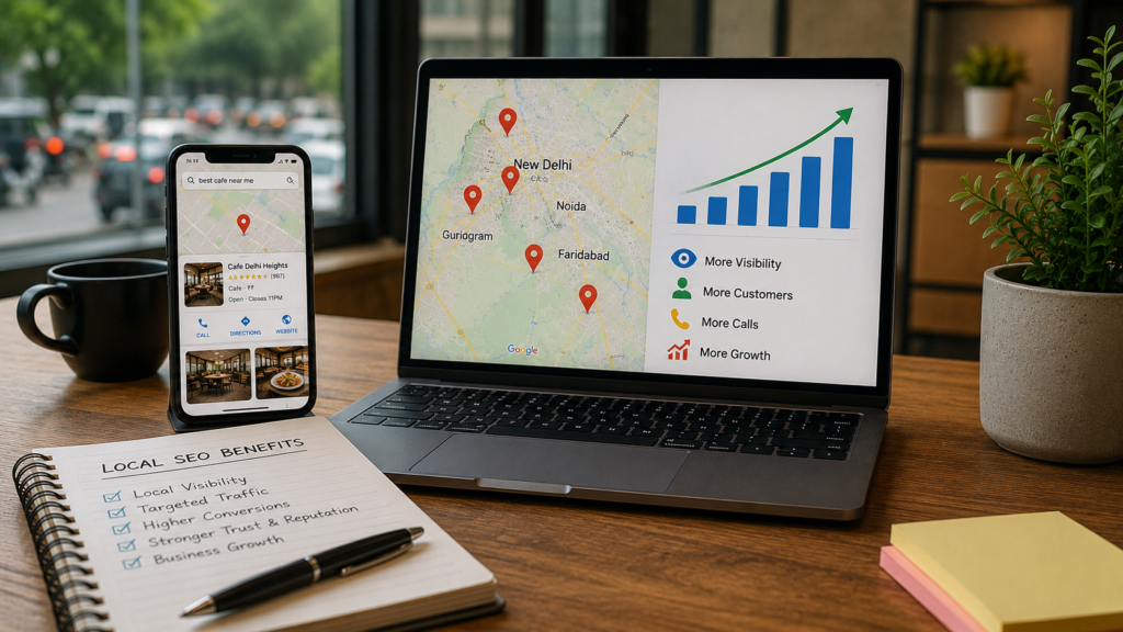 Professional local SEO success dashboard for Indian businesses displayed in a modern workspace, showcasing improved local search rankings, Google Maps visibility, customer reviews, increased website traffic, phone calls, and store visits. Realistic business environment with analytics reports, location-based marketing insights, and growth metrics demonstrating the benefits of local SEO for businesses across India.