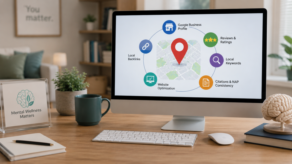 Mental health clinic professional reviewing local SEO performance metrics on a desktop dashboard displaying map visibility, patient reviews, local rankings, and search analytics, within a modern therapy office designed to represent the key ranking factors influencing local search success for mental health practices.