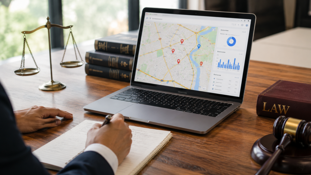 Attorney reviewing a local SEO audit on a laptop displaying map rankings, location data, and performance analytics, with legal books, a gavel, and scales of justice in a professional law office, highlighting local search optimization for law firms.