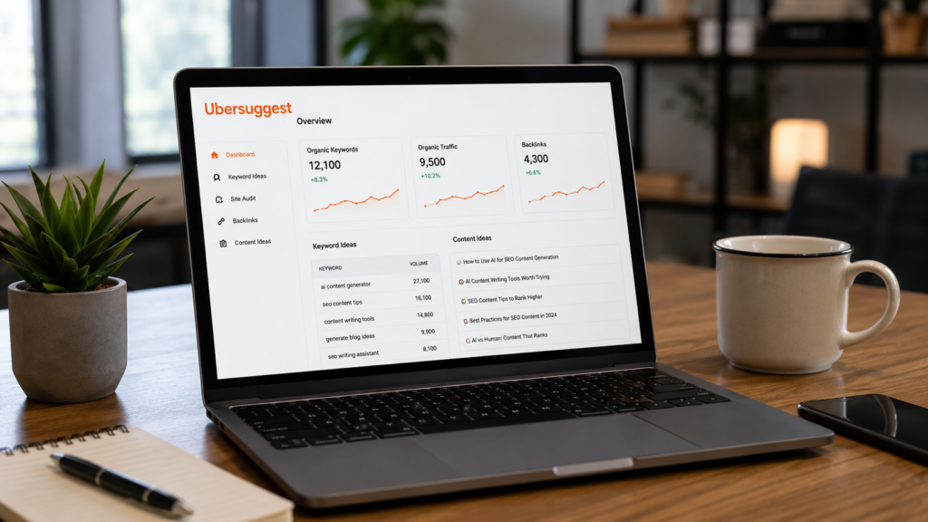Realistic digital marketing workspace featuring an SEO professional using Ubersuggest's free keyword research and content planning tools, with search volume data, keyword suggestions, traffic analytics, and content optimization insights displayed on a laptop in a modern office environment.