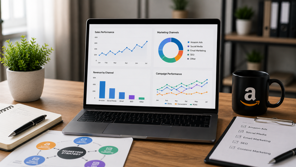 Professional marketing strategy workspace featuring Amazon analytics tools integrated with multiple digital marketing channels, including SEO, email marketing, social media, content marketing, and advertising campaigns. Realistic business dashboard displaying cross-channel performance metrics, revenue tracking, and unified marketing insights in a modern office environment.