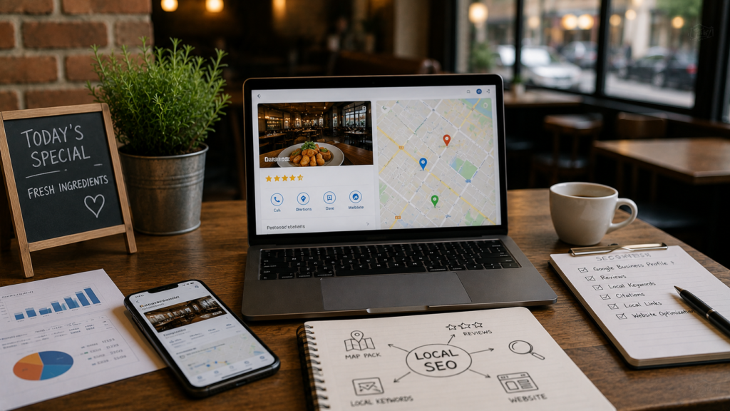 Realistic restaurant marketing scene featuring a laptop and smartphone displaying a restaurant’s local search presence, customer reviews, map listings, menu information, and location visibility. The setting combines a cozy restaurant atmosphere with digital marketing elements, including analytics reports, SEO planning notes, and local search optimization strategies on a table. Warm natural lighting, authentic photography style, minimal text, clean 16:9 composition, and a focus on how local SEO helps restaurants attract nearby customers and increase visibility in local search results.