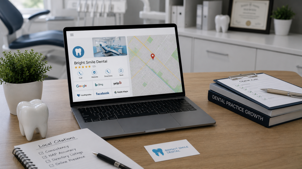 Realistic dental practice marketing workspace featuring a laptop displaying dental clinic listings across multiple local directories, citation sources, map results, and business profile information. The scene includes dental tools, a tooth model, patient records, and professional office décor, emphasizing consistent business information management. Natural lighting, authentic photography style, minimal text, clean 16:9 composition, and a professional focus on building accurate local SEO citations to improve search visibility and attract patients to a dental practice.