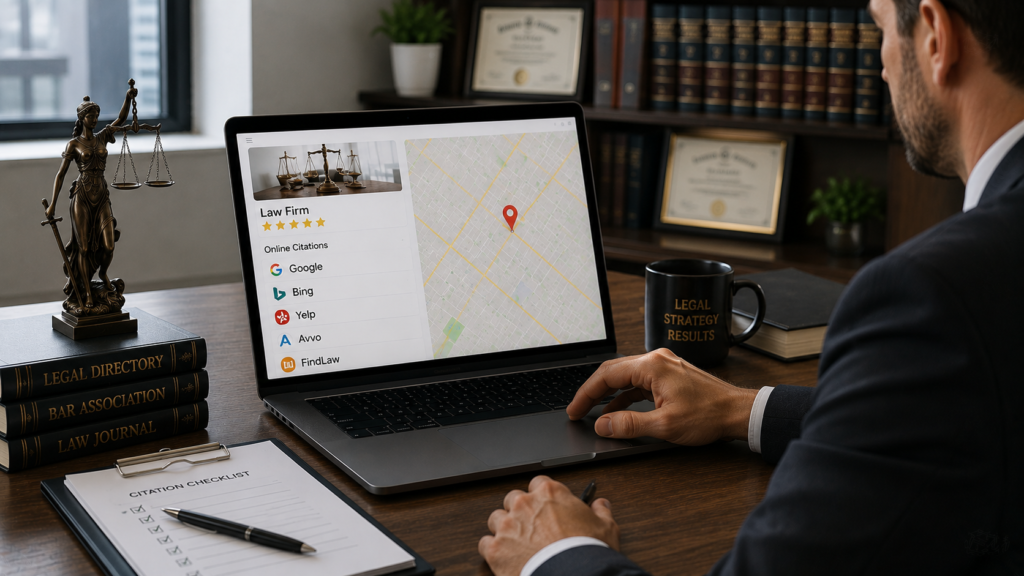 Realistic law firm marketing workspace featuring a laptop displaying legal directory listings, attorney profiles, business citations, map visibility, and local search presence across multiple platforms. The professional office setting includes law books, legal documents, a scales of justice statue, framed certifications, and client case files. Natural lighting, authentic corporate photography style, minimal text, clean 16:9 composition, and a focus on maintaining accurate legal business citations to improve local search rankings and attract potential clients.