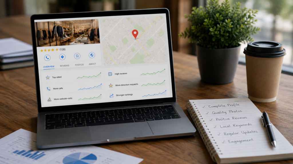 Realistic business workspace showing a laptop with a high-performing Google Business Profile dashboard, featuring strong review ratings, local map visibility, customer engagement metrics, and growth trends. A nearby checklist highlights common success factors such as complete profiles, quality photos, positive reviews, local keywords, and regular updates. Natural lighting, modern office setting, authentic photography style, minimal text, and a clean 16:9 composition illustrating successful local SEO patterns and GBP optimization.
