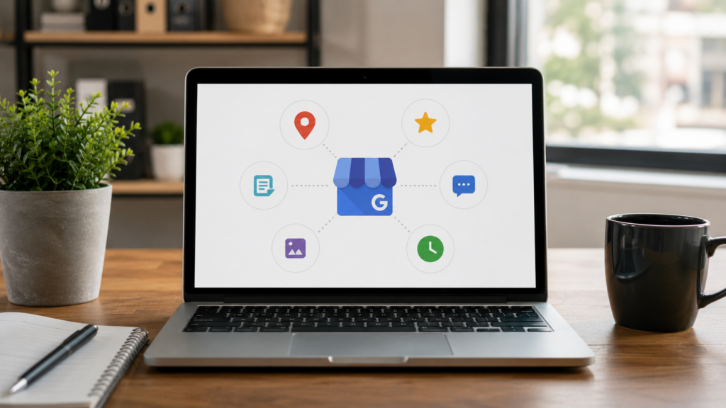Realistic office workspace featuring a laptop displaying a Google Business Profile dashboard connected to key local SEO ranking factors such as business information, reviews, photos, categories, posts, messaging, and operating hours. The scene uses natural lighting, a clean desk setup, and a professional business environment to illustrate how Google Business Profile influences local search visibility and rankings. Minimal text, authentic photography style, and a balanced 16:9 composition.