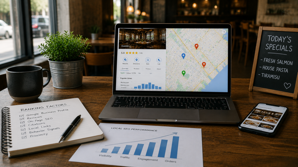 Realistic restaurant marketing and analytics scene featuring a restaurant owner reviewing local SEO performance on a laptop displaying maps, customer reviews, menu visibility, local rankings, and engagement metrics. The restaurant setting includes dining tables, menu displays, and business reports that highlight key ranking factors such as reviews, Google Business Profile optimization, local citations, location relevance, and customer interactions. Warm natural lighting, authentic photography style, minimal text, clean 16:9 composition, and a professional focus on improving restaurant visibility in local search results.