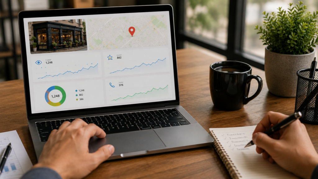 Realistic business analytics workspace showing a professional monitoring Google Business Profile performance metrics on a laptop. The dashboard displays trends in profile views, customer actions, phone calls, direction requests, website visits, and local search engagement. A notebook with performance notes, coffee mug, and modern office setting create an authentic business environment. Natural lighting, minimal text, clean 16:9 composition, and a professional photography style focused on measuring local SEO success through GBP insights.